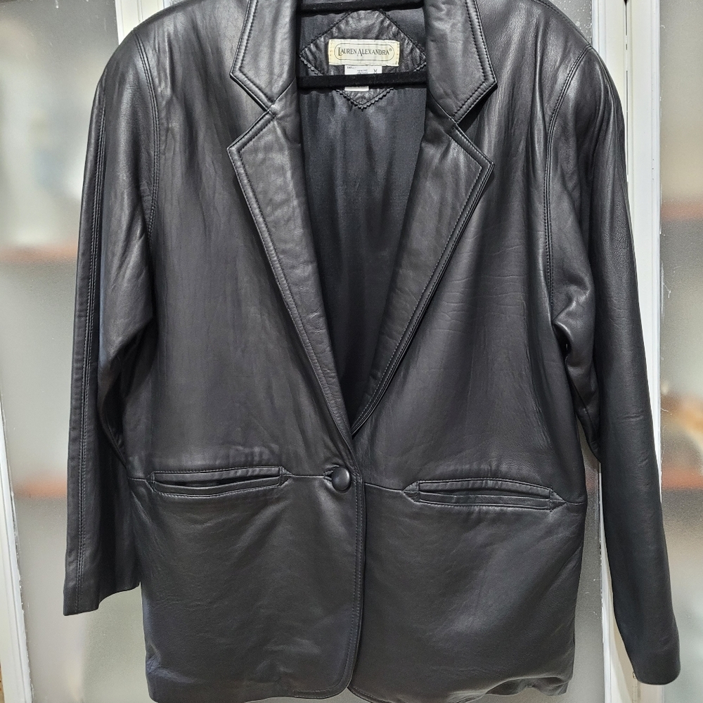 Vintage Leather Black Women's 1980's Jacket Blazer Retro shoulder pads - Picture 2 of 16